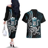 Turquoise Hawaii Kanaloa God Couples Matching Off The Shoulder Long Sleeve Dress and Hawaiian Shirt Hawaiian Octopus