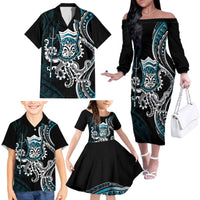 Turquoise Hawaii Kanaloa God Family Matching Off The Shoulder Long Sleeve Dress and Hawaiian Shirt Hawaiian Octopus