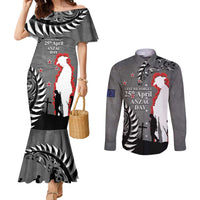 New Zealand ANZAC Day Couples Matching Mermaid Dress and Long Sleeve Button Shirt 25th April Silver Fern With Poppy LT14 Gray - Polynesian Pride