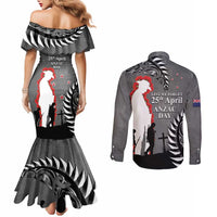 New Zealand ANZAC Day Couples Matching Mermaid Dress and Long Sleeve Button Shirt 25th April Silver Fern With Poppy LT14 - Polynesian Pride