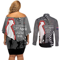 New Zealand ANZAC Day Couples Matching Off Shoulder Short Dress and Long Sleeve Button Shirt 25th April Silver Fern With Poppy LT14 - Polynesian Pride
