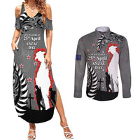 New Zealand ANZAC Day Couples Matching Summer Maxi Dress and Long Sleeve Button Shirt 25th April Silver Fern With Poppy LT14 Gray - Polynesian Pride