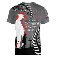 New Zealand ANZAC Day Women V-Neck T-Shirt 25th April Silver Fern With Poppy LT14 - Polynesian Pride