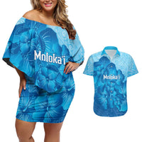 Aloha Hawaii Molokai Island Couples Matching Off Shoulder Short Dress and Hawaiian Shirt Hibiscus Tribal Honu Hawaiian Tattoo