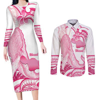 Aloha Hawaii Maui Couples Matching Long Sleeve Bodycon Dress and Long Sleeve Button Shirt Valley Isle Humpback Whale White
