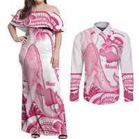 Aloha Hawaii Maui Couples Matching Off Shoulder Maxi Dress and Long Sleeve Button Shirt Valley Isle Humpback Whale White