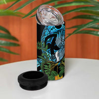 Turquoise New Zealand Kowhai And Piwakawaka 4 in 1 Can Cooler Tumbler Maori Ngaru Paua Shell