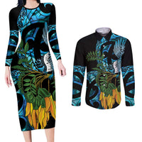 Turquoise New Zealand Kowhai And Piwakawaka Couples Matching Long Sleeve Bodycon Dress and Long Sleeve Button Shirt Maori Ngaru Paua Shell LT14 Turquoise - Polynesian Pride