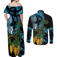 Turquoise New Zealand Kowhai And Piwakawaka Couples Matching Off Shoulder Maxi Dress and Long Sleeve Button Shirt Maori Ngaru Paua Shell LT14 - Polynesian Pride