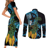 Turquoise New Zealand Kowhai And Piwakawaka Couples Matching Short Sleeve Bodycon Dress and Long Sleeve Button Shirt Maori Ngaru Paua Shell LT14 - Polynesian Pride