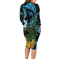 Turquoise New Zealand Kowhai And Piwakawaka Family Matching Long Sleeve Bodycon Dress and Hawaiian Shirt Maori Ngaru Paua Shell LT14 - Polynesian Pride