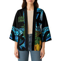 Turquoise New Zealand Kowhai And Piwakawaka Kimono Maori Ngaru Paua Shell - Polynesian Pride