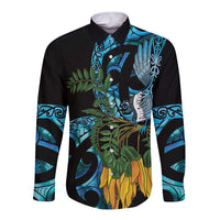 Turquoise New Zealand Kowhai And Piwakawaka Long Sleeve Button Shirt Maori Ngaru Paua Shell LT14 Unisex Turquoise - Polynesian Pride