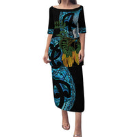 Turquoise New Zealand Kowhai And Piwakawaka Puletasi Maori Ngaru Paua Shell LT14 Long Dress Turquoise - Polynesian Pride