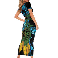 Turquoise New Zealand Kowhai And Piwakawaka Short Sleeve Bodycon Dress Maori Ngaru Paua Shell LT14 - Polynesian Pride
