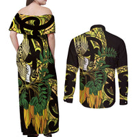 Yellow New Zealand Kowhai And Piwakawaka Couples Matching Off Shoulder Maxi Dress and Long Sleeve Button Shirt Maori Ngaru Paua Shell LT14 - Polynesian Pride