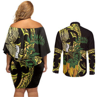 Yellow New Zealand Kowhai And Piwakawaka Couples Matching Off Shoulder Short Dress and Long Sleeve Button Shirt Maori Ngaru Paua Shell LT14 - Polynesian Pride