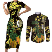 Yellow New Zealand Kowhai And Piwakawaka Couples Matching Short Sleeve Bodycon Dress and Long Sleeve Button Shirt Maori Ngaru Paua Shell LT14 Yellow - Polynesian Pride