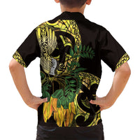 Yellow New Zealand Kowhai And Piwakawaka Family Matching Long Sleeve Bodycon Dress and Hawaiian Shirt Maori Ngaru Paua Shell LT14 - Polynesian Pride