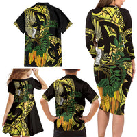 Yellow New Zealand Kowhai And Piwakawaka Family Matching Long Sleeve Bodycon Dress and Hawaiian Shirt Maori Ngaru Paua Shell LT14 - Polynesian Pride