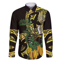 Yellow New Zealand Kowhai And Piwakawaka Family Matching Long Sleeve Bodycon Dress and Hawaiian Shirt Maori Ngaru Paua Shell LT14 Dad's Shirt - Long Sleeve Yellow - Polynesian Pride