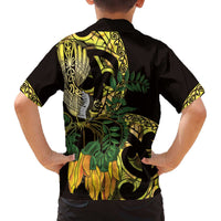 Yellow New Zealand Kowhai And Piwakawaka Family Matching Off The Shoulder Long Sleeve Dress and Hawaiian Shirt Maori Ngaru Paua Shell LT14 - Polynesian Pride