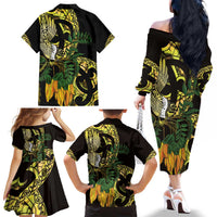 Yellow New Zealand Kowhai And Piwakawaka Family Matching Off The Shoulder Long Sleeve Dress and Hawaiian Shirt Maori Ngaru Paua Shell LT14 - Polynesian Pride