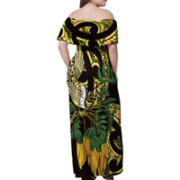 Yellow New Zealand Kowhai And Piwakawaka Family Matching Off Shoulder Maxi Dress and Hawaiian Shirt Maori Ngaru Paua Shell