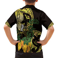Yellow New Zealand Kowhai And Piwakawaka Family Matching Short Sleeve Bodycon Dress and Hawaiian Shirt Maori Ngaru Paua Shell LT14 - Polynesian Pride