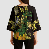 Yellow New Zealand Kowhai And Piwakawaka Kimono Sleeve Blouse Maori Ngaru Paua Shell - Polynesian Pride