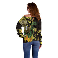 Yellow New Zealand Kowhai And Piwakawaka Off Shoulder Sweater Maori Ngaru Paua Shell LT14 - Polynesian Pride