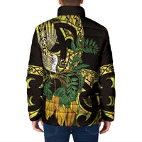 Yellow New Zealand Kowhai And Piwakawaka Padded Jacket Maori Ngaru Paua Shell - Polynesian Pride