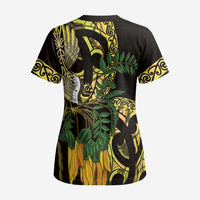 Yellow New Zealand Kowhai And Piwakawaka Scrub Top Maori Ngaru Paua Shell - Polynesian Pride