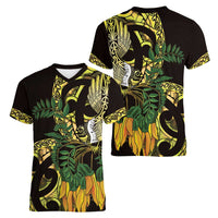 Yellow New Zealand Kowhai And Piwakawaka Women V-Neck T-Shirt Maori Ngaru Paua Shell LT14 - Polynesian Pride