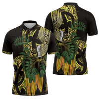 Yellow New Zealand Kowhai And Piwakawaka Zipper Polo Shirt Maori Ngaru Paua Shell - Polynesian Pride
