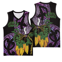 Purple New Zealand Kowhai And Piwakawaka Basketball Jersey Maori Ngaru Paua Shell - Polynesian Pride