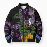 Purple New Zealand Kowhai And Piwakawaka Bomber Puffer Jacket Maori Ngaru Paua Shell - Polynesian Pride