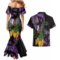Purple New Zealand Kowhai And Piwakawaka Couples Matching Mermaid Dress and Hawaiian Shirt Maori Ngaru Paua Shell