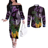 Purple New Zealand Kowhai And Piwakawaka Couples Matching Off The Shoulder Long Sleeve Dress and Long Sleeve Button Shirt Maori Ngaru Paua Shell LT14 Purple - Polynesian Pride