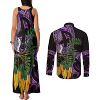 Purple New Zealand Kowhai And Piwakawaka Couples Matching Tank Maxi Dress and Long Sleeve Button Shirt Maori Ngaru Paua Shell LT14 - Polynesian Pride