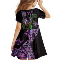 Purple New Zealand Kowhai And Piwakawaka Family Matching Long Sleeve Bodycon Dress and Hawaiian Shirt Maori Ngaru Paua Shell LT14 - Polynesian Pride
