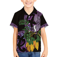 Purple New Zealand Kowhai And Piwakawaka Family Matching Long Sleeve Bodycon Dress and Hawaiian Shirt Maori Ngaru Paua Shell LT14 Son's Shirt Purple - Polynesian Pride