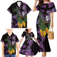 Purple New Zealand Kowhai And Piwakawaka Family Matching Mermaid Dress and Hawaiian Shirt Maori Ngaru Paua Shell LT14 - Polynesian Pride