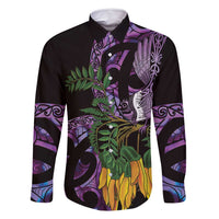 Purple New Zealand Kowhai And Piwakawaka Family Matching Mermaid Dress and Hawaiian Shirt Maori Ngaru Paua Shell LT14 Dad's Shirt - Long Sleeve Purple - Polynesian Pride