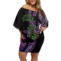 Purple New Zealand Kowhai And Piwakawaka Family Matching Off Shoulder Short Dress and Hawaiian Shirt Maori Ngaru Paua Shell
