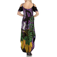 Purple New Zealand Kowhai And Piwakawaka Family Matching Summer Maxi Dress and Hawaiian Shirt Maori Ngaru Paua Shell