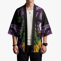 Purple New Zealand Kowhai And Piwakawaka Kimono Maori Ngaru Paua Shell - Polynesian Pride