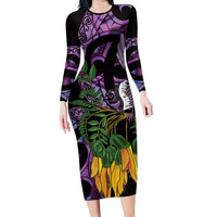Purple New Zealand Kowhai And Piwakawaka Long Sleeve Bodycon Dress Maori Ngaru Paua Shell LT14 Long Dress Purple - Polynesian Pride