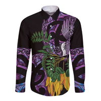 Purple New Zealand Kowhai And Piwakawaka Long Sleeve Button Shirt Maori Ngaru Paua Shell LT14 Unisex Purple - Polynesian Pride