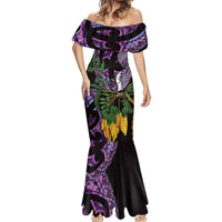 Purple New Zealand Kowhai And Piwakawaka Mermaid Dress Maori Ngaru Paua Shell LT14 - Polynesian Pride